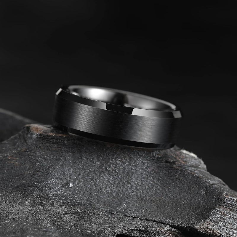 King Will Tungsten Men's Wedding Ring - Available in 6mm to 10mm, Black/Silver, Matte Finish, Beveled Polished Edge, Comfort Fit - Image 2